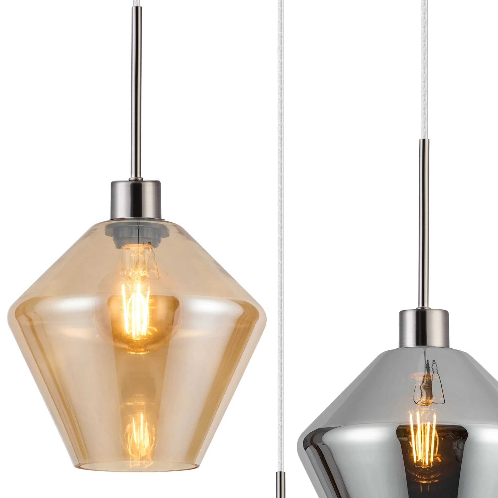 Lori 40cm Round Pendant, 3 Light Adjustable E27, Satin Nickel/Amber/Chrome/Opal Diamond Shades DK1374  Deco Lori Satin Nickel